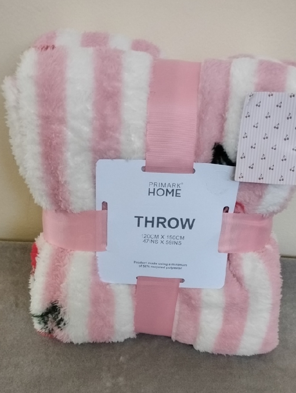 NWT Primark Pink & White Striped Plush Throw Blanket